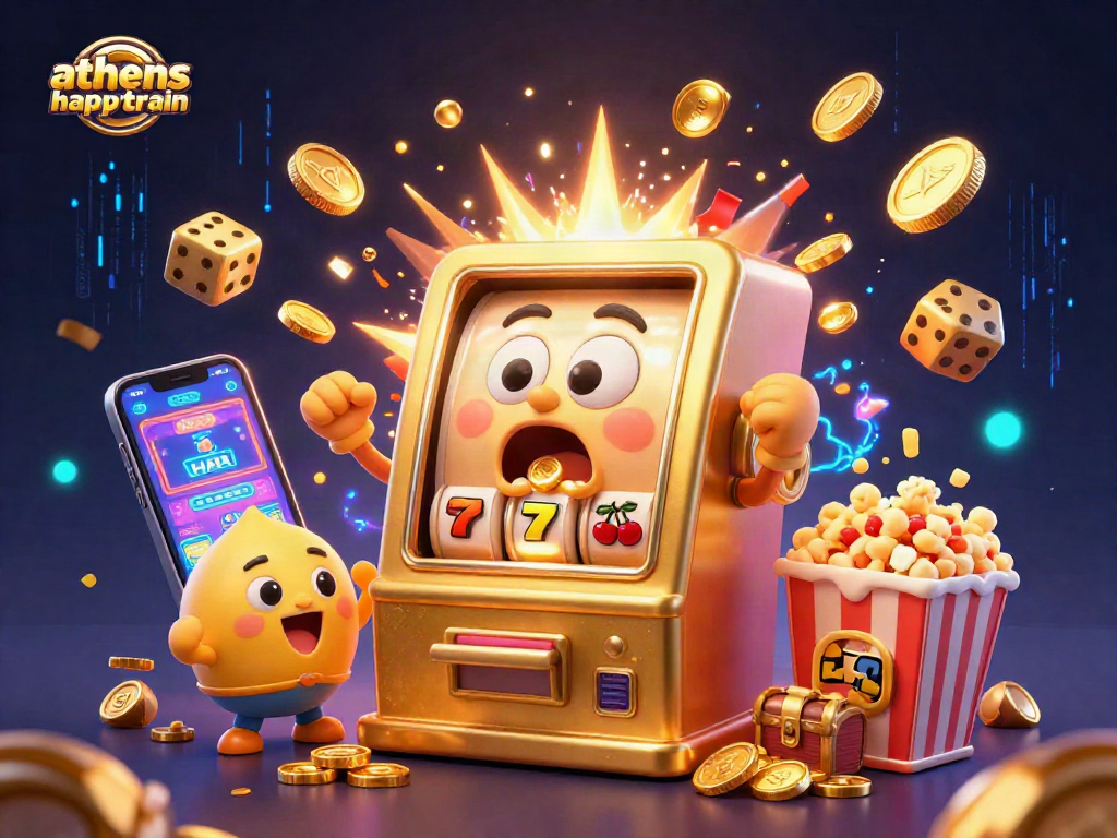 Athenshappytrain energizes the casino scene with a jubilant slot machine celebrating a jackpot amidst flying coins.