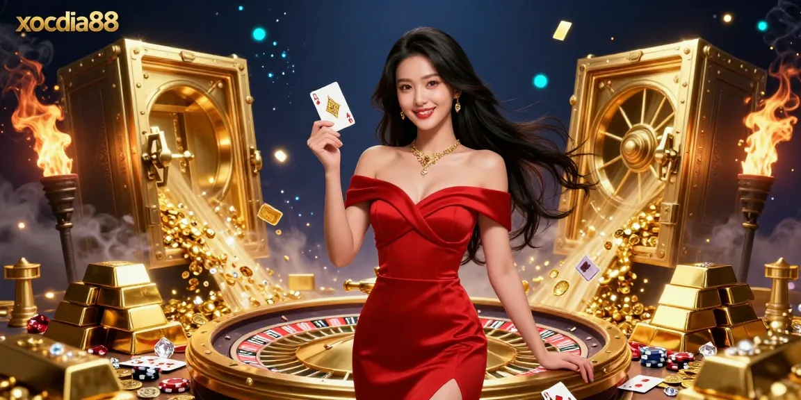 Xocdia88 showcases a confident Asian woman holding a golden playing card beside a roulette wheel, packed with casino treasures.