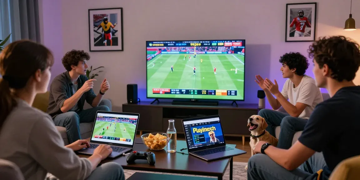 Social gaming scene with friends enjoying Playinexch during a live sports event