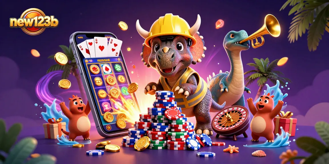 Win big at new123b with a colorful slot experience featuring 3D dinosaurs and poker chips!