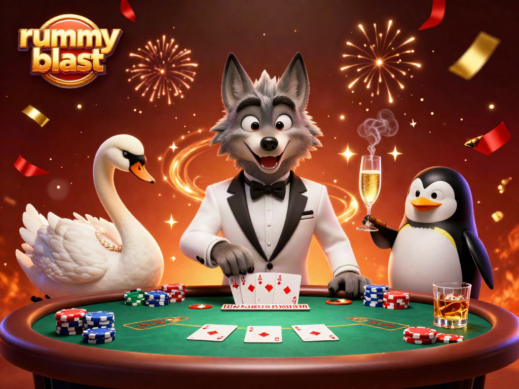 Engage in thrilling gameplay with Rummy Blast, featuring a debonair wolf, elegant swan, and sophisticated penguin at a baccarat table.