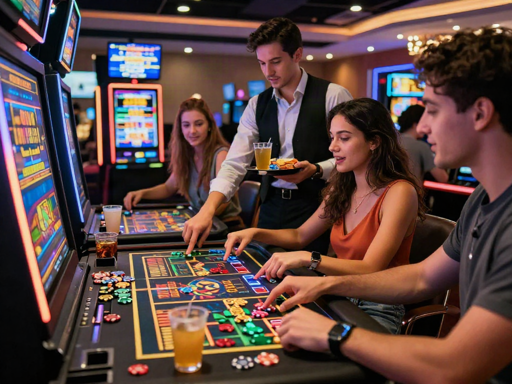Exciting gathering playing slot depo 10k games at a casino, with friends, vibrant atmosphere, and colorful graphics.