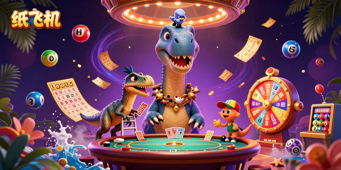 Engage with 纸飞机 in a vibrant online casino scene showcasing a playful dinosaur and lottery elements.