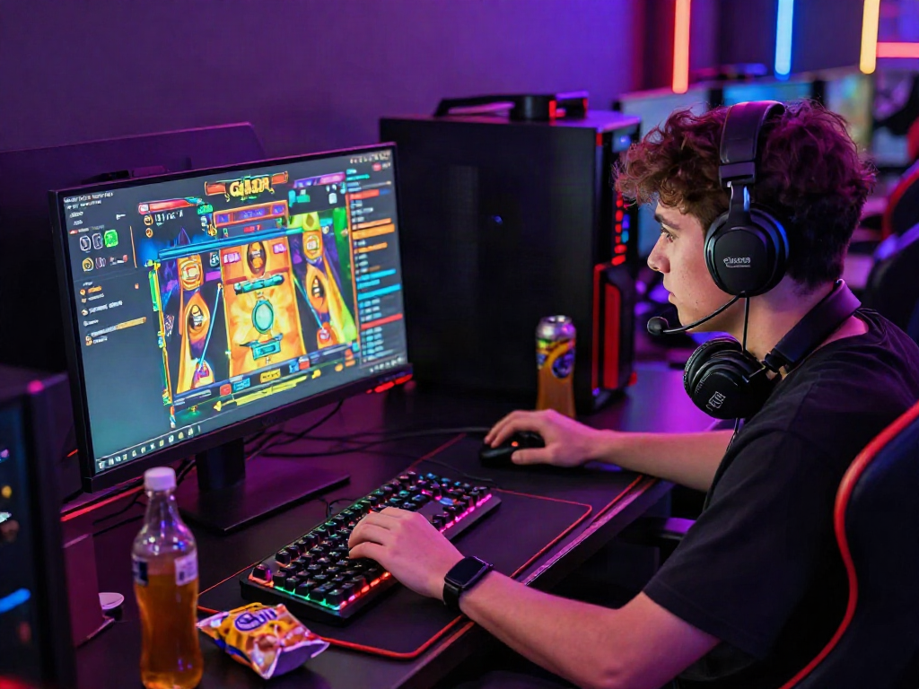 Exciting online gaming setup featuring player engrossed in slot gacor game with vibrant LED lights and gaming gear.