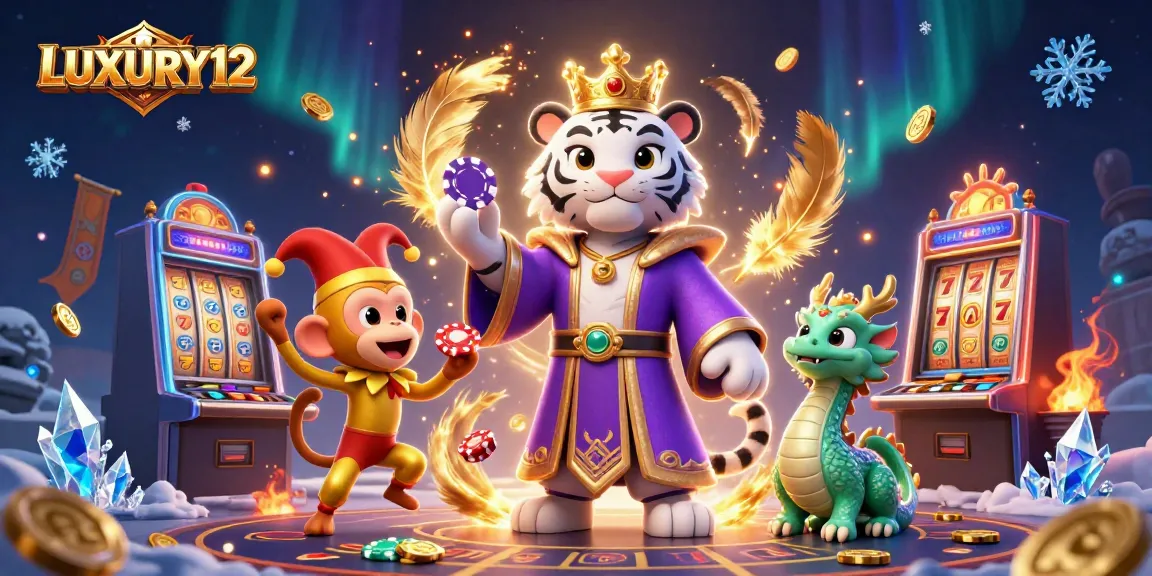 Spin the reels with LUXURY12's elite slot experience featuring a regal tiger and playful monkey.