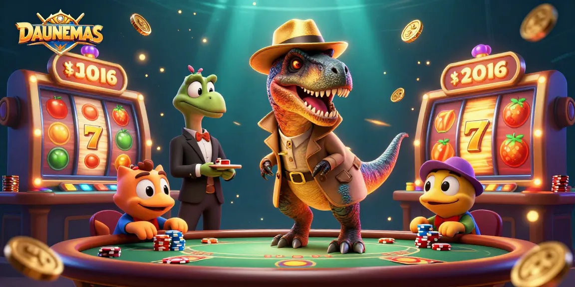 DAUNEMAS reveals a whimsical 3D velociraptor attempting to count cards amid spinning slot reels.