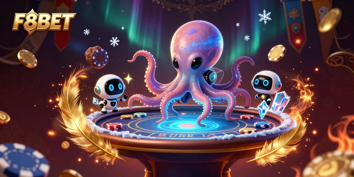 F8BET: Enjoy exciting poker sessions with a cartoon alien octopus and holographic poker table.