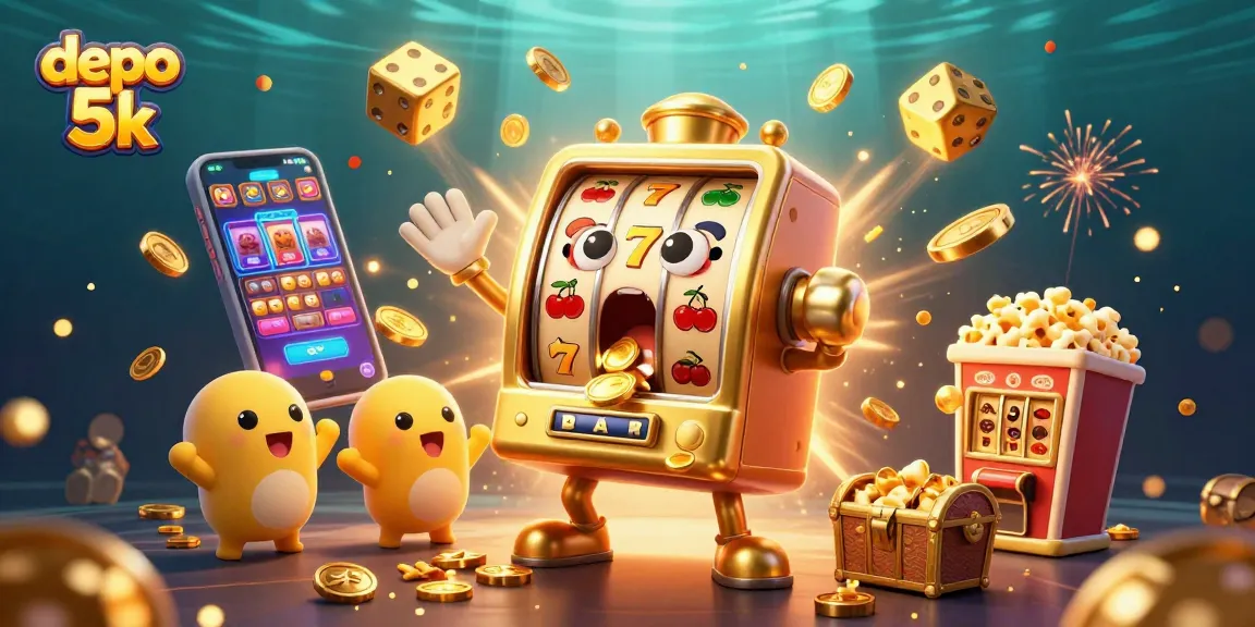 Menyaksikan slot depo 5k mendapatkan jackpot dengan koin berkilauan mengelilingi mesin slot emas kartun.
