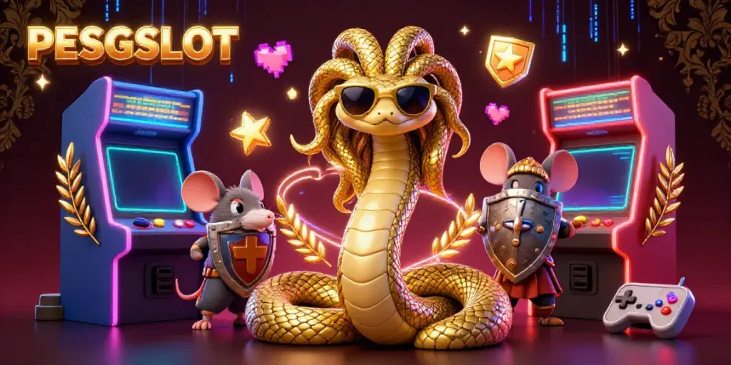 PESGSLOT menampilkan ilustrasi perjudian dengan Medusa dan elemen permainan arcade yang penuh warna.