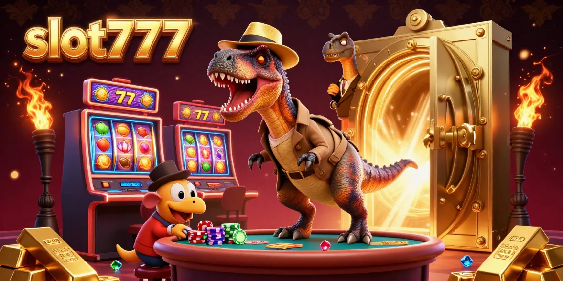 Engaging scene of whimsical velociraptor card counter at vibrant slot777 machines, rich in detail and excitement.