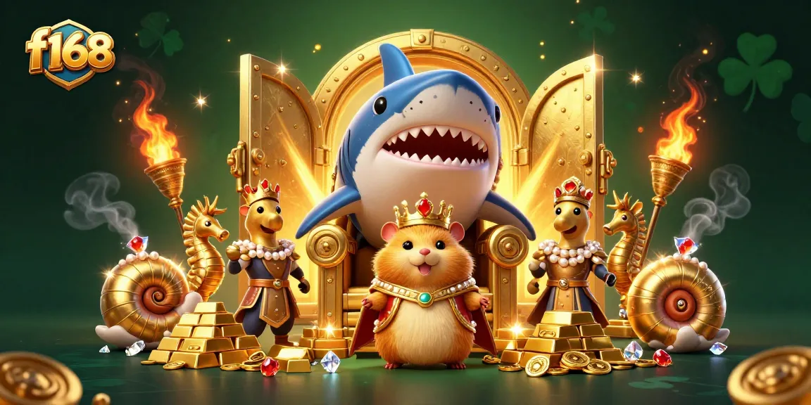 Experience the vibrant world of f168 with a hamster king and seahorses surrounded by treasures in an exciting casino scene.