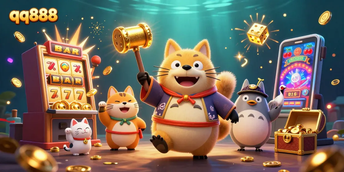 Experience thrilling gameplay with qq888's vibrant 3D illustration featuring exciting casino elements and lucky characters.
