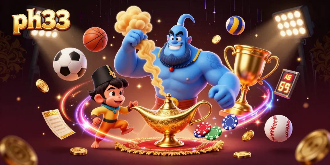 Place your bets and spin to win with ph33's vibrant casino scene featuring a genie and playful elements.