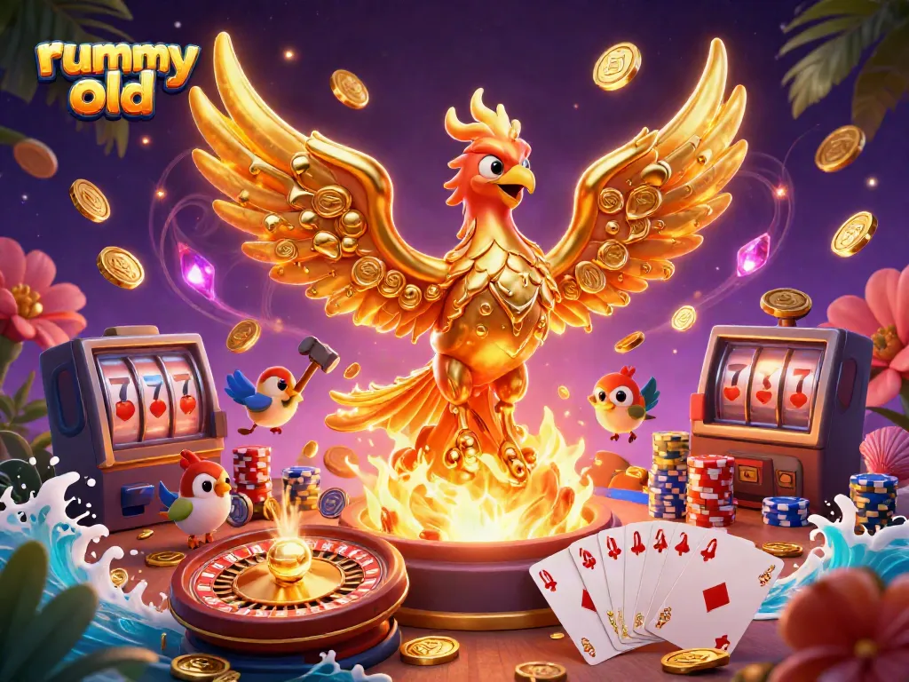 Experience rummy old in an immersive 3D scene with golden phoenix, coins, and dynamic gameplay elements.
