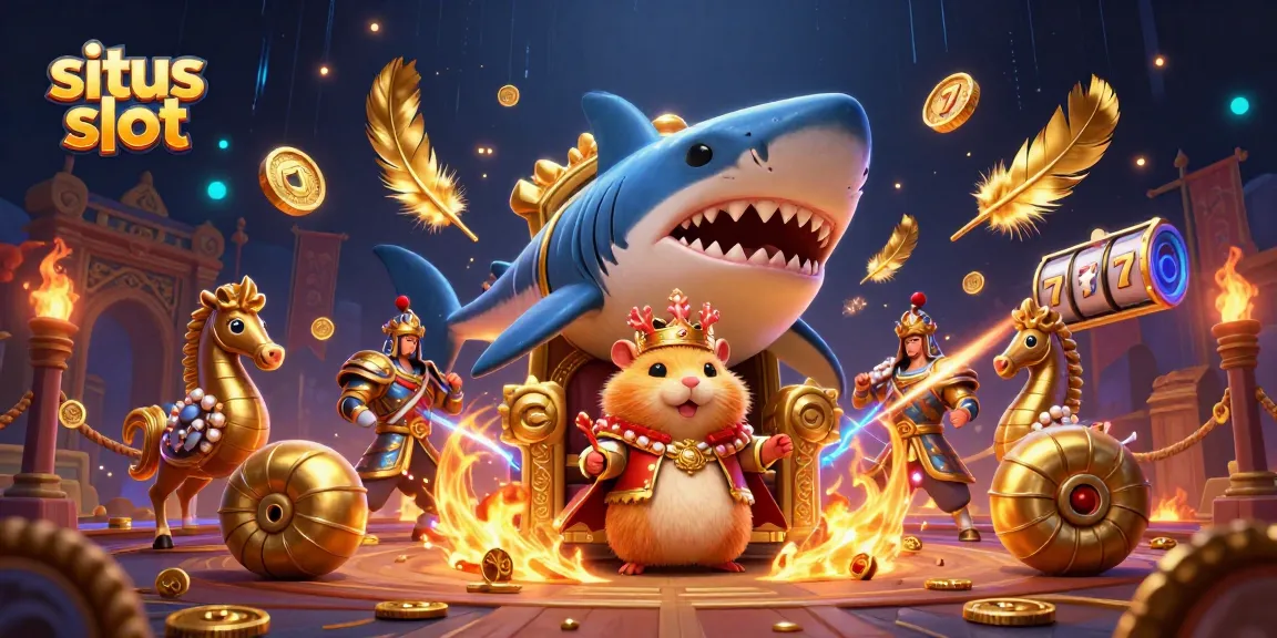 Ilustrasi kasino situs slot menampilkan raja hamster emas dengan mahkota karang dikelilingi petugas pengawal kuda laut.