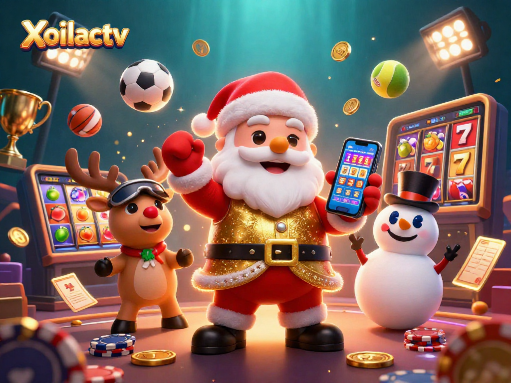 Xoilactv features Santa and friends celebrating slots with vibrant casino elements.