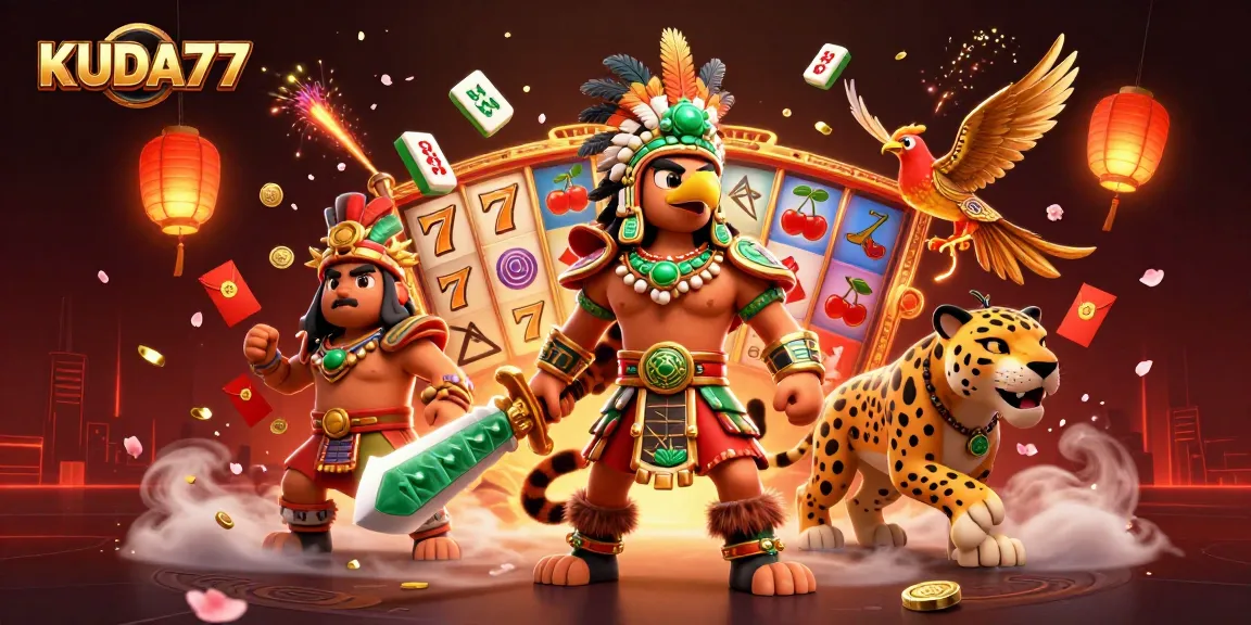 Gali pengalaman menang dengan KUDA77, ilustrasi kasino online dengan simbol slot dan elemen beruntung.