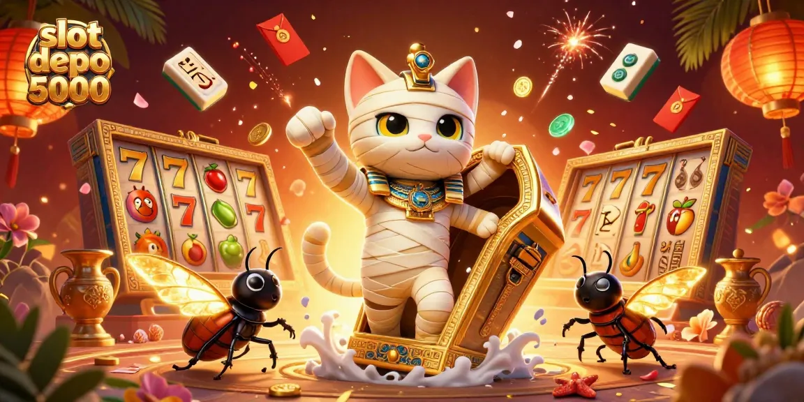 Experience the excitement of slot depo 5000 with a vibrant casino scene featuring a mummy cat and golden elements.