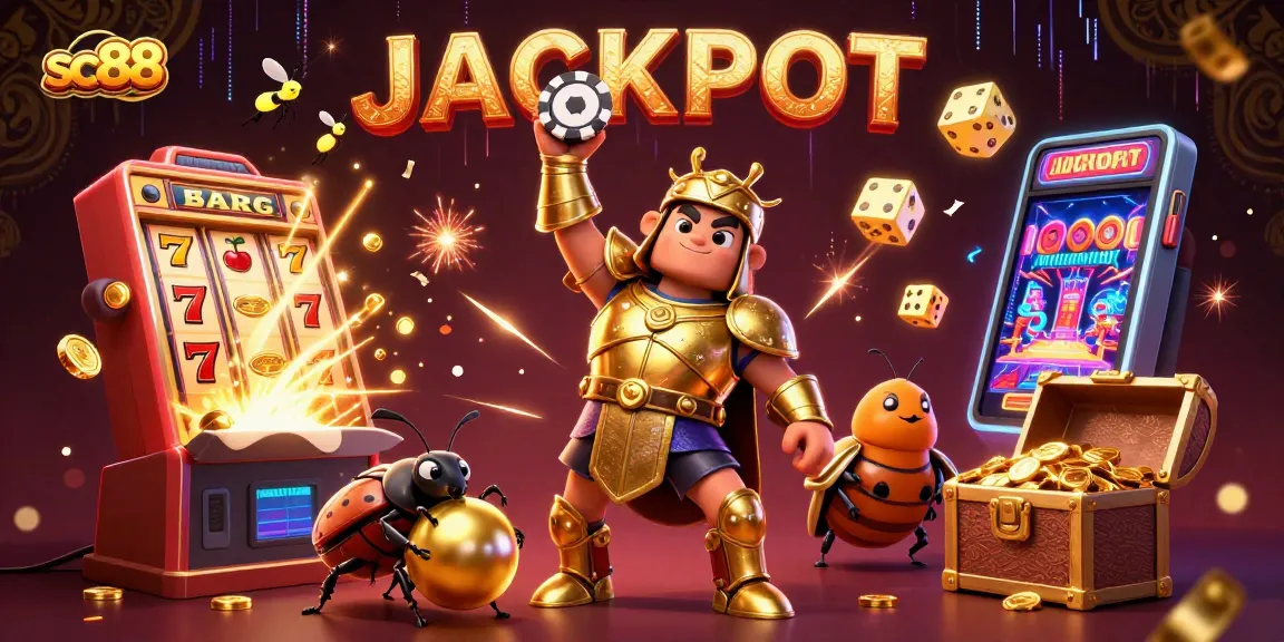 Engage with sc88 as the hercules beetle raises poker chips amidst jackpot chaos in vibrant casino chaos.