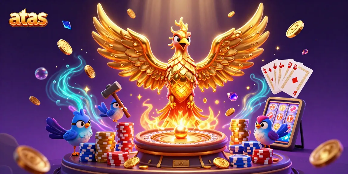 Experience thrilling gaming at atas, featuring golden phoenix and dynamic elements in a vibrant casino scene.