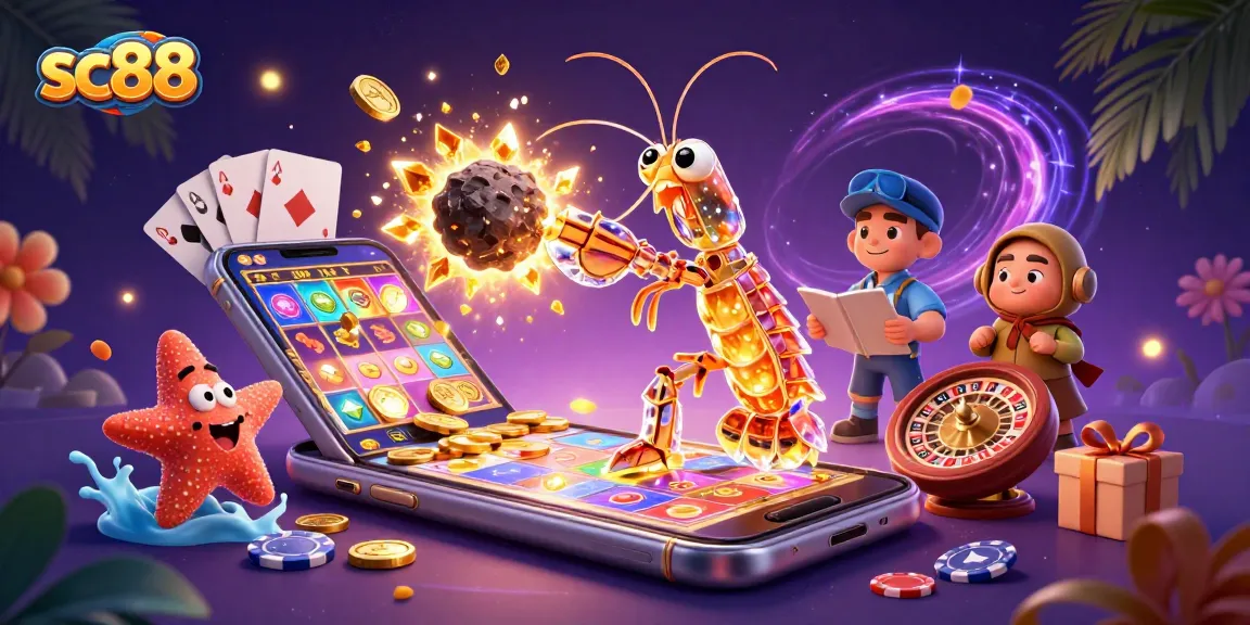 Engage with sc88's exciting games through vibrant 3D art featuring slots, and golden coins.