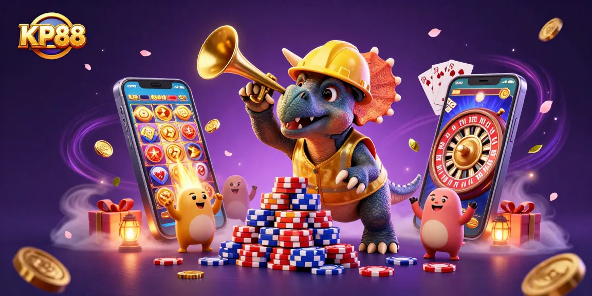 KP88 brings excitement with vibrant casino elements, featuring a triceratops and joyous characters celebrating wins.