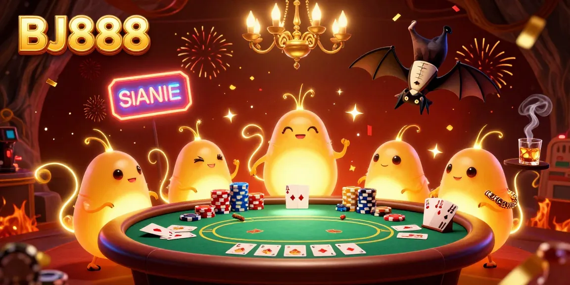 BJ888 showcases a lively casino scene with glowworms and a bat dealer, illuminated by vibrant lights.