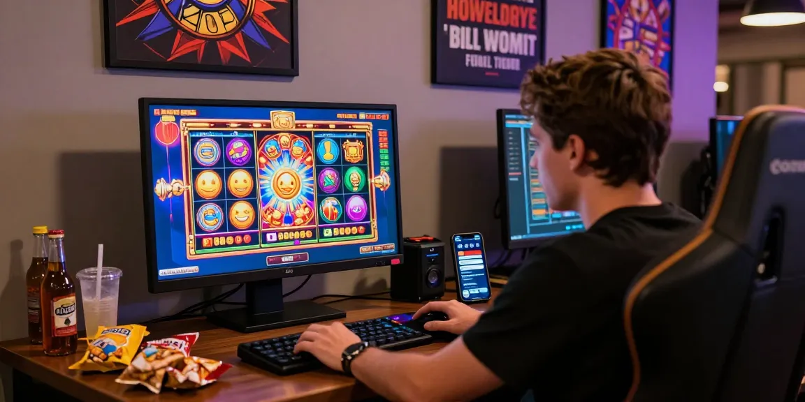 Permainan slot jackpot yang mengasyikkan, dengan pemain terlibat secara mendalam di lingkungan kasino online.