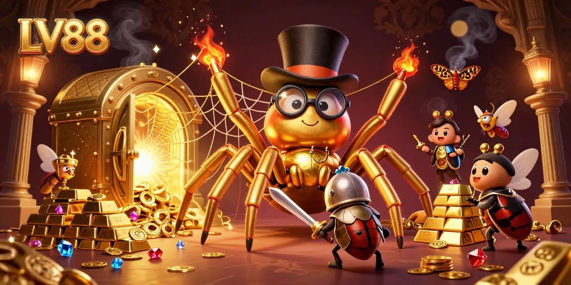 Play slots at LV88 with a golden tarantula, beetle knight, and sparkling treasures.