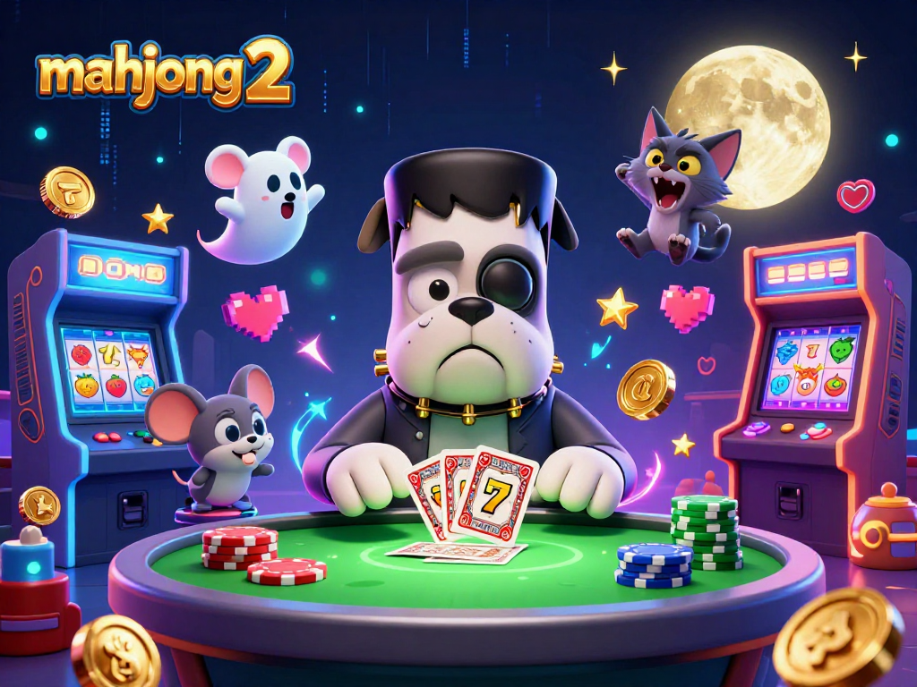 Engage with Mahjong 2 slots featuring vibrant 3D characters at an electrifying casino table.