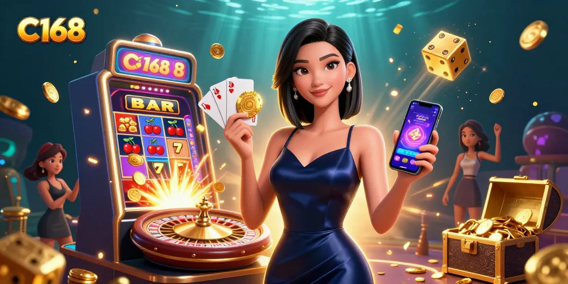 Experience thrilling wins at C168 with a confident woman holding chips and a casino app in a vibrant scene.