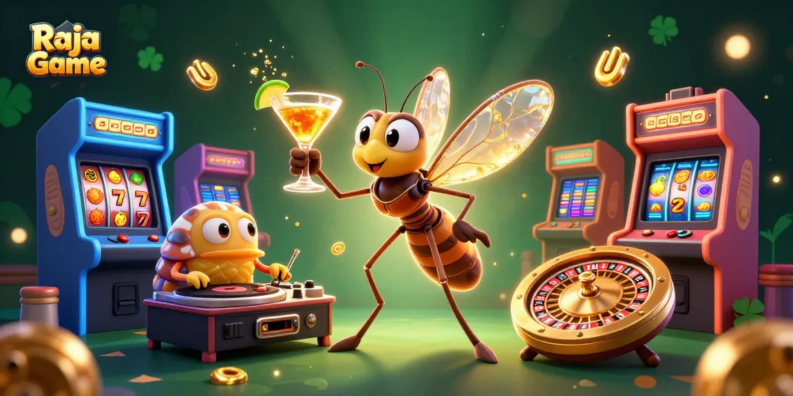 Engage in thrilling gameplay with Raja Game in this vibrant 3D casino illustration showcasing dynamic characters and arcade elements.