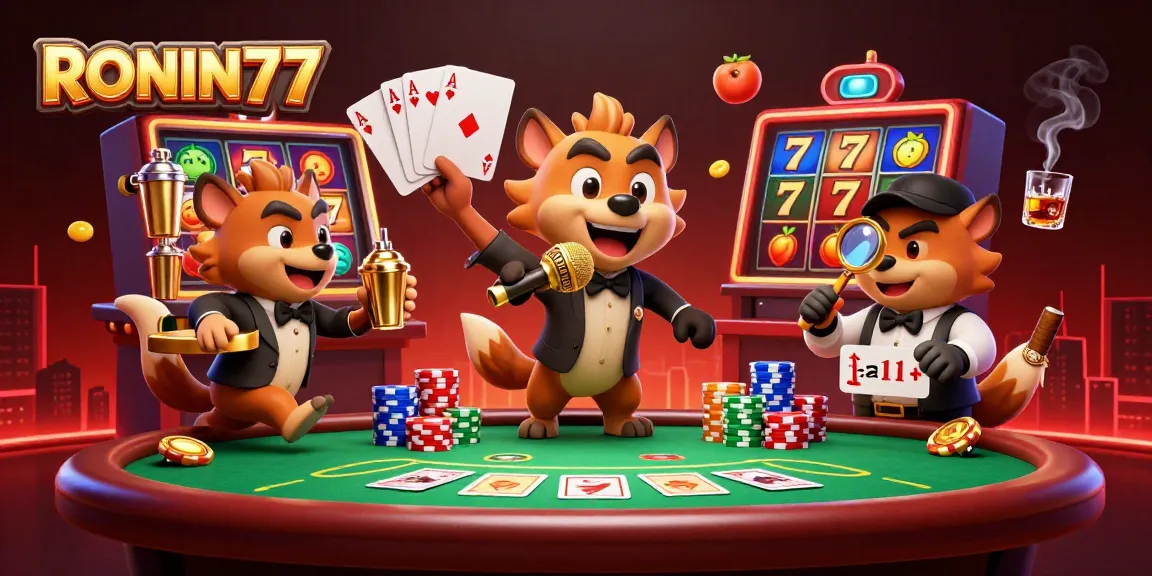 Immerse in the RONIN77 gaming experience with hyenas at a comedy casino, showcasing vibrant action.