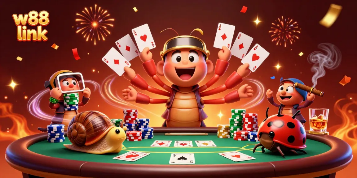 Engage with the vibrant w88 link casino scene featuring animated characters and poker elements.