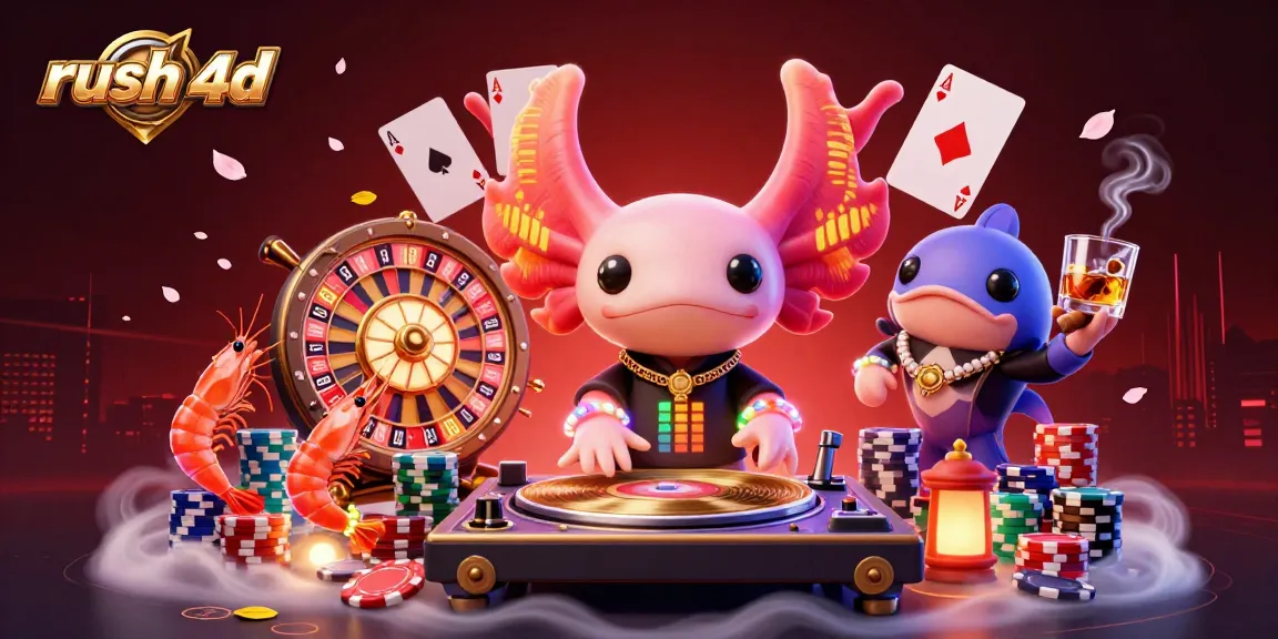 Menguasai permainan rush 4d dengan visual kasino yang memikat, dikelilingi chip dan meja poker.