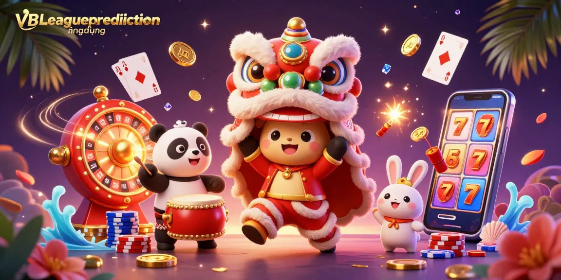Experience VBLeaguepredictionứngdụng with vibrant gambling elements and animated characters in an engaging casino scene.
