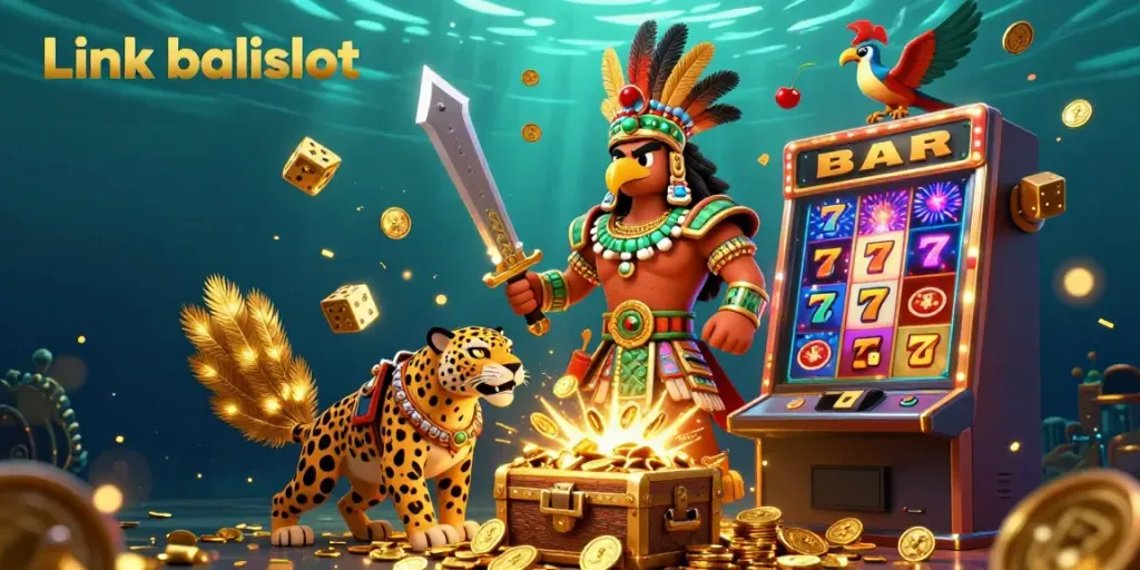 Experience the excitement of Link balislot with a vibrant 3D jackpot scene including warriors, slot machines, and treasures.
