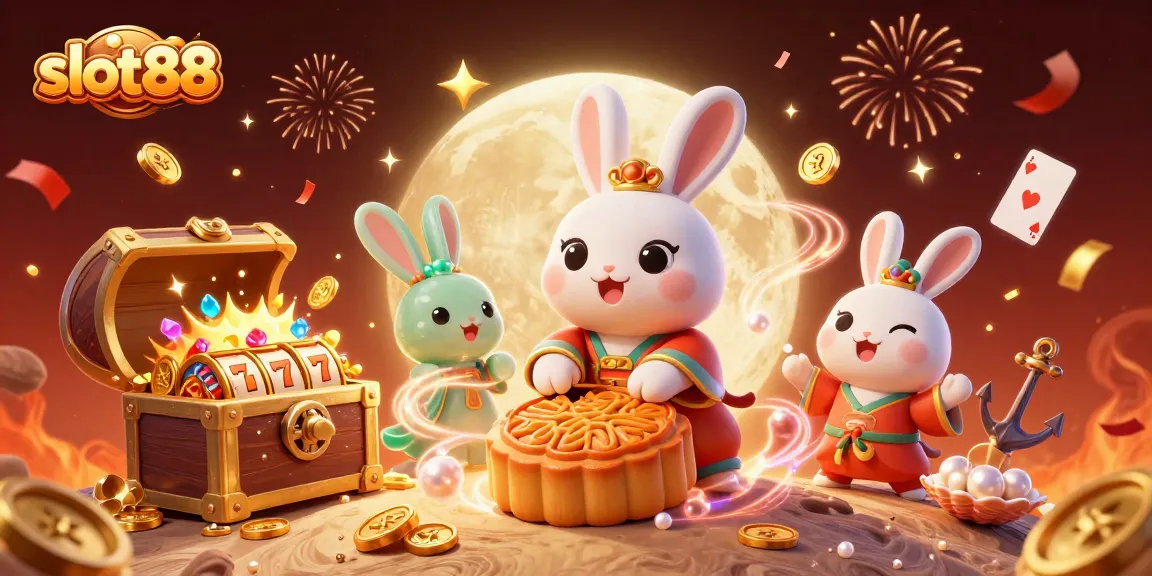Slot88 memperlihatkan kelinci bulan yang mengolah kue bulan dengan chip poker, dikelilingi elemen kasino lainnya.