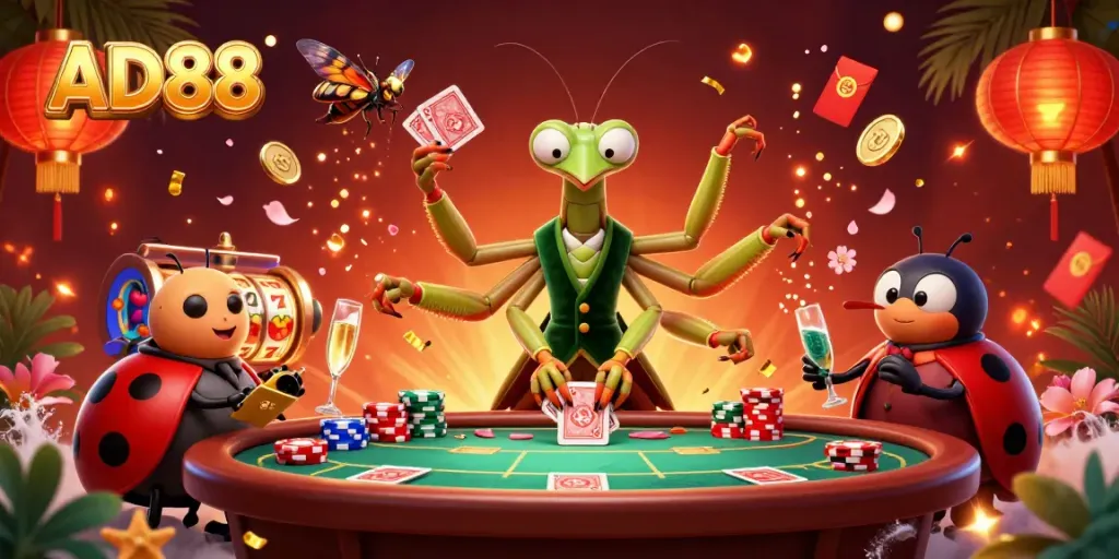 Engage with AD88's thrilling poker action led by a giant mantis dealing cards amidst vibrant casino elements.