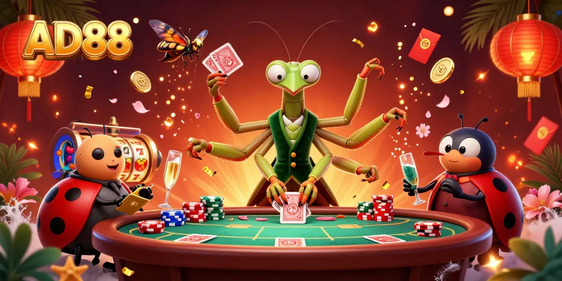 Engage with AD88's thrilling poker action led by a giant mantis dealing cards amidst vibrant casino elements.