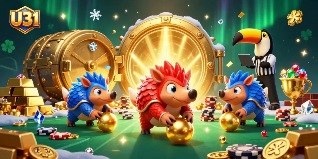 Experience vibrant U31 gaming action as rival pangolins bowl through poker chips in a dynamic casino scene.