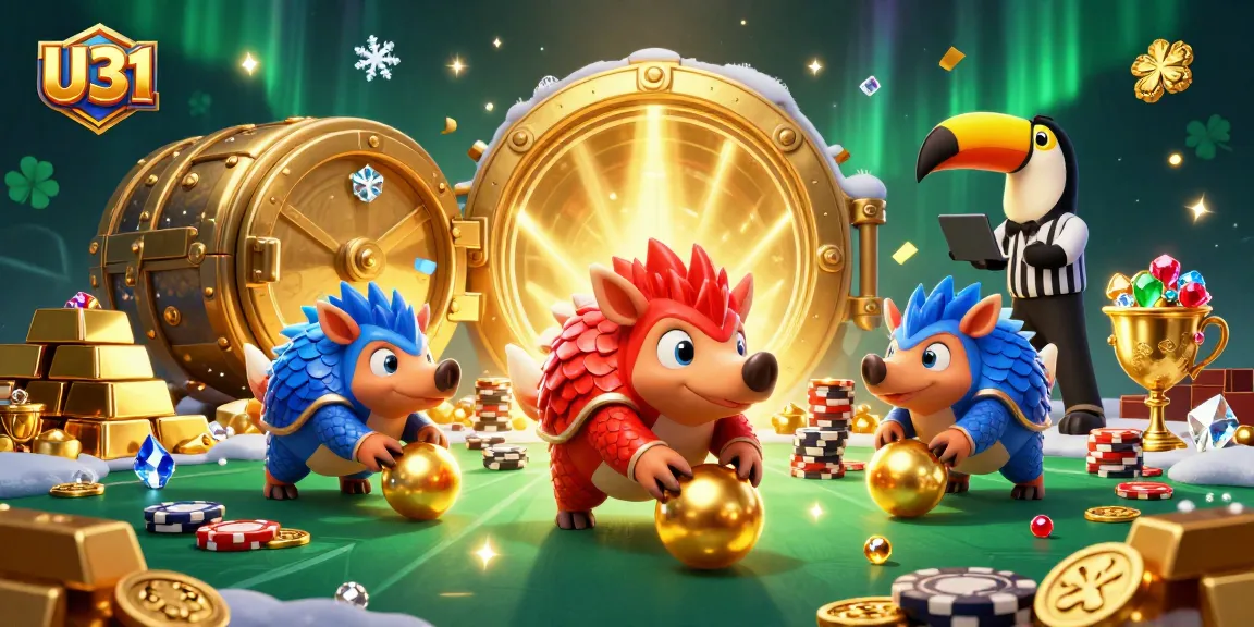 Experience vibrant U31 gaming action as rival pangolins bowl through poker chips in a dynamic casino scene.