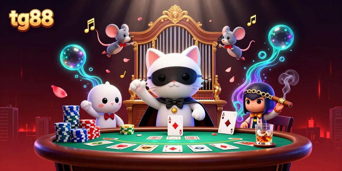 Play unique games at tg88 with an exciting casino scene featuring vibrant characters and rich game elements.