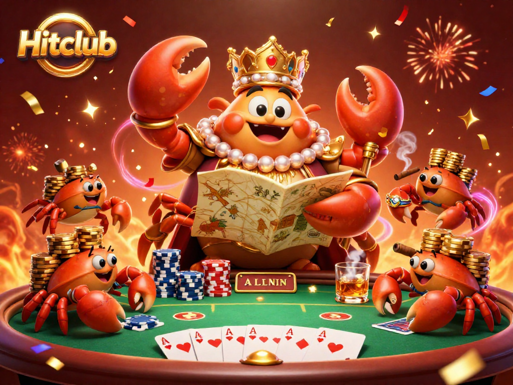 Win big with Hitclub at a lively poker table featuring a golden crab emperor and vibrant game elements.