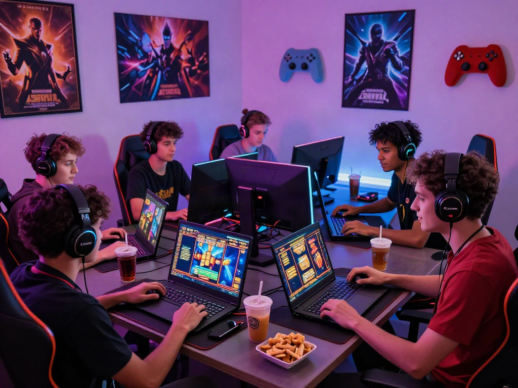 Friends enjoying slot online gaming with vibrant lighting and technology