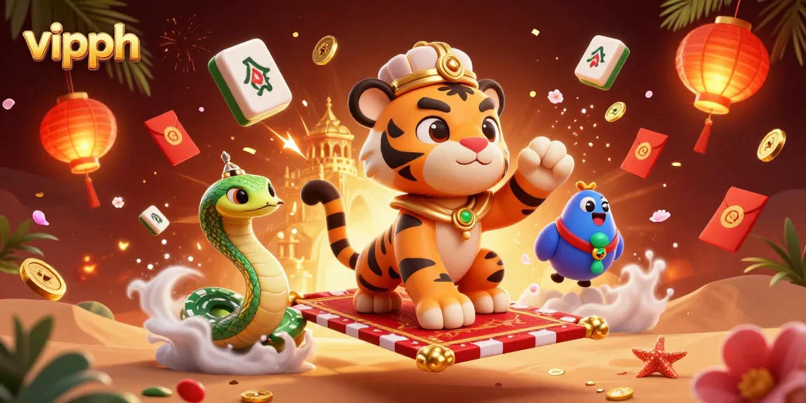 Engage in VIPPH gaming with a dynamic 3D scene featuring a casino-themed tiger sultan and magical elements.
