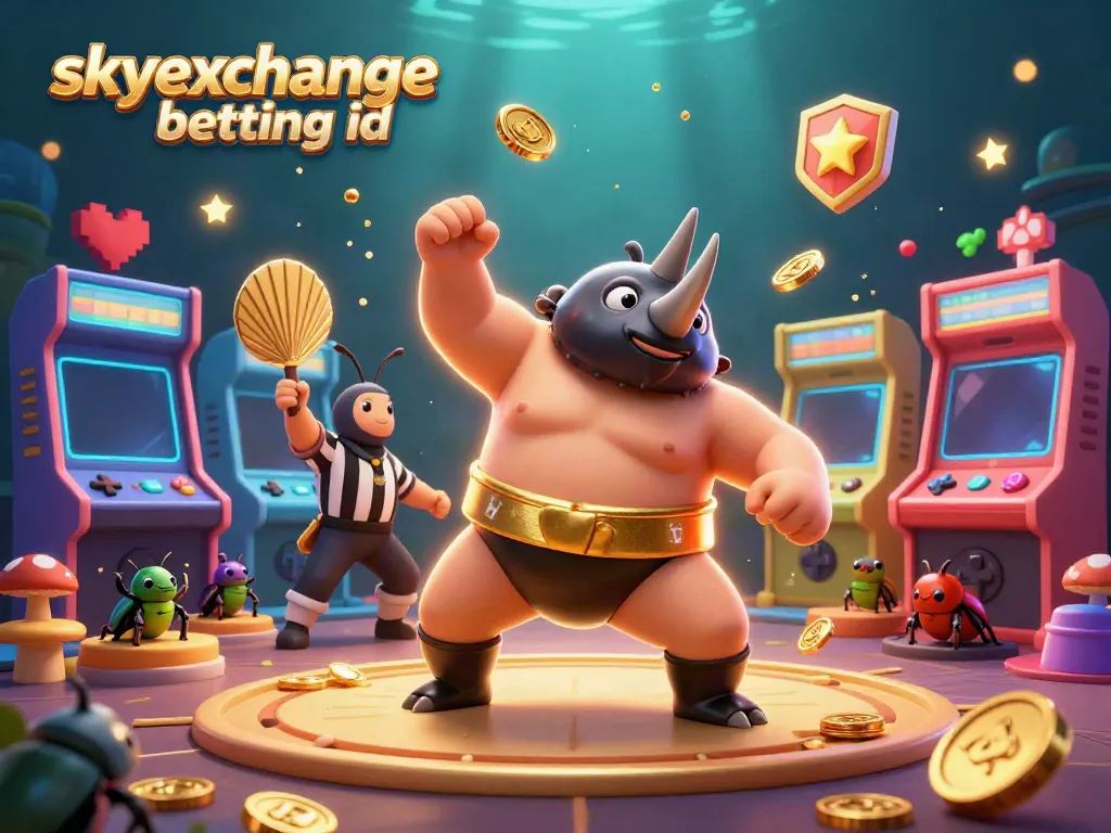 Engaging scene with skyexchange betting id displayed, showcasing a beetle champion and cricket referee amid casino elements.
