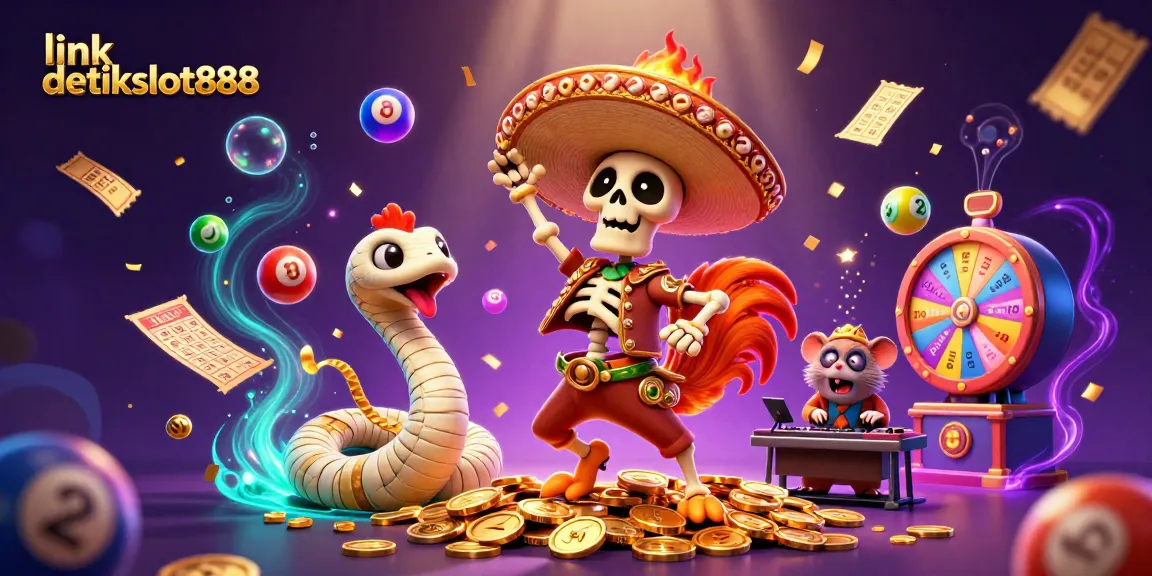 Experience the thrill of play with link detikslot888 showcased in a vibrant casino-themed illustration.