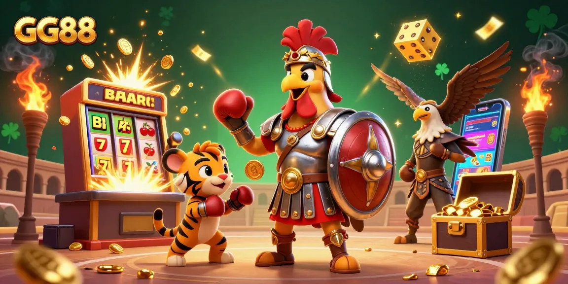 Experience the thrill of GG88 with a vibrant 3D casino illustration featuring adventurous characters and captivating game elements.