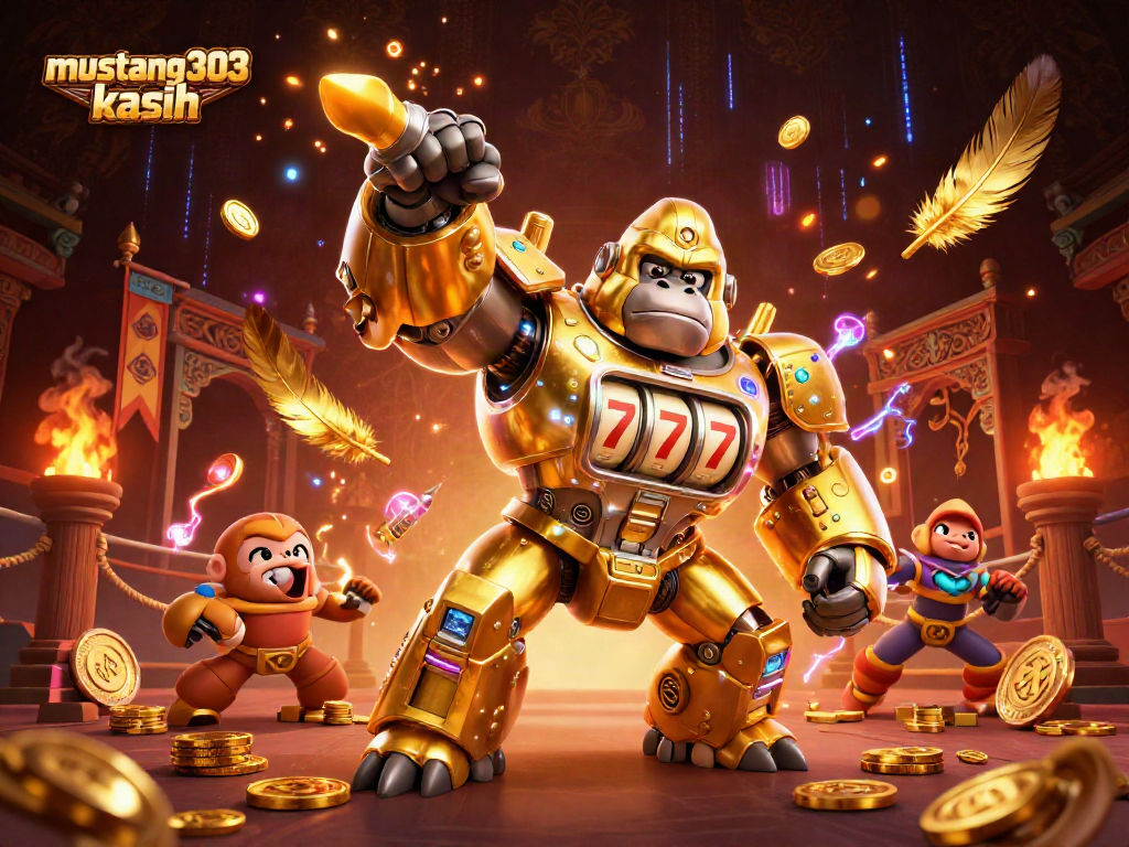 Engage in thrilling wins with mustang303 kasih featuring a golden gorilla mech and dynamic casino elements.